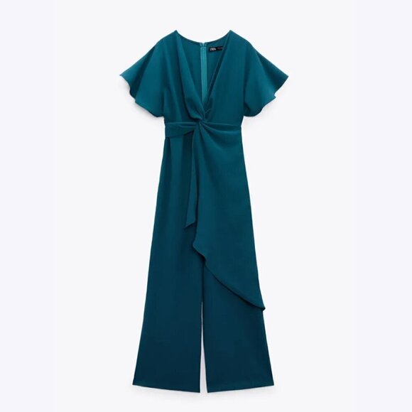 NWT Zara Teal Cross Ruffled Jumpsuit, Size XS - Picture 3 of 15